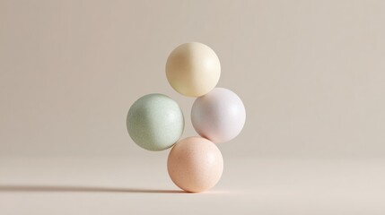 Fototapeta premium Group of five eggs arranged in a pyramid-like formation on a plain beige background. the eggs are of different colors - one is light green, one is white, and one is peach.