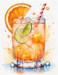 Vibrant close-up of a fizzy orange cocktail with ice cubes and citrus slices, sparkling with bubbles in a refreshing, summery, and energetic atmosphere.