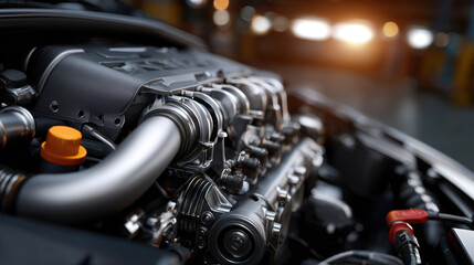 Fototapeta premium Realistic car engine close up showing metal intake manifold, turbocharger piping, polished components and oil filler cap with warm workshop lighting conveying mechanical precision and power