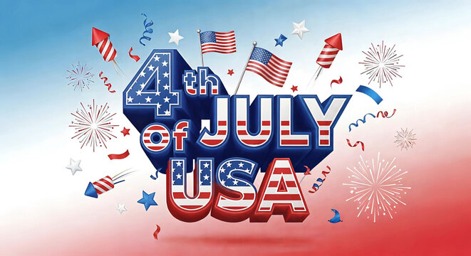 Happy 4th of july usa text with fireworks and american flags celebration