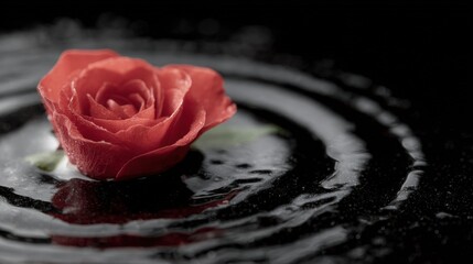 Close-up of a single red rose on a black surface. the rose is in the center of the image, with its petals slightly curled and its center a deep shade of red.
