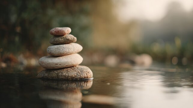 Stack of pebbles balanced on top of each other in a body of water. the stones are of different sizes and colors, with the largest one at the top and the smallest at the bottom.