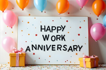 Happy Work Anniversary White Board with Balloons and Gifts