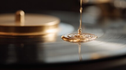 Obraz premium Close-up of a golden-colored object, which appears to be a spinning top, on a black surface. the object is in focus, while the background is blurred, making it difficult to make out any other details.
