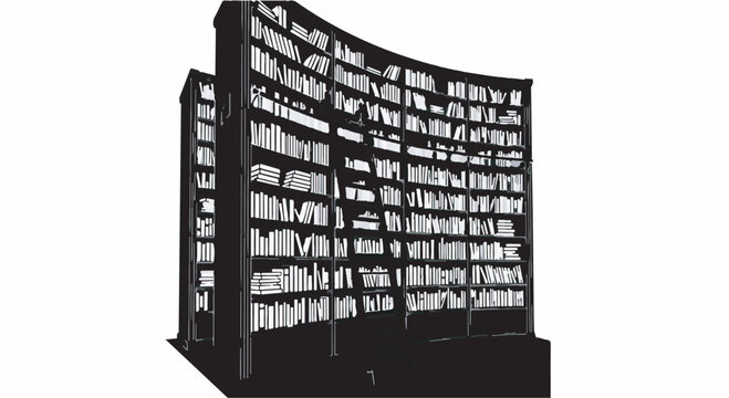 Vast, curved library shelves filled with countless books, evoking knowledge and discovery.
