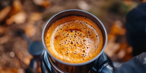 Close-up of a coffee maker in use, representing camping and cooking equipment. The image highlights the practicality and convenience of outdoor cooking, perfect for camping gear, Generative AI
