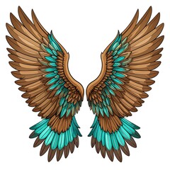 Obraz premium Stylized pair of open wings, showcasing brown and teal feathers