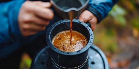 Close-up of a coffee maker in use, representing camping and cooking equipment. The image highlights the practicality and convenience of outdoor cooking, perfect for camping gear, Generative AI