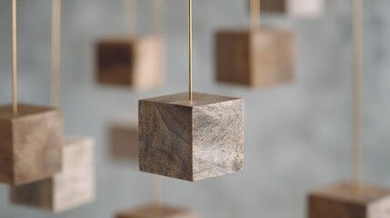 Group of wooden cubes hanging from strings. the cubes are of different sizes and shapes, with some being square and others being rectangular.