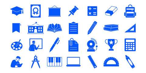 Education Icon Blue Solid Set with School, Learning, and Study Symbols
