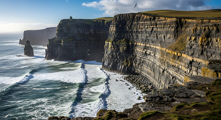 Aerial view of the cliffs of moher with waves crashing against the rocky shore on a sunny day in ireland ai generated