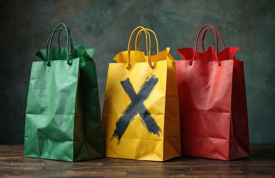 Three paper shopping bags, green, yellow with black X, red, stand on wooden surface. Bags signify rejection of consumerism, promote mindful purchasing. Relates to global events, personal choices.