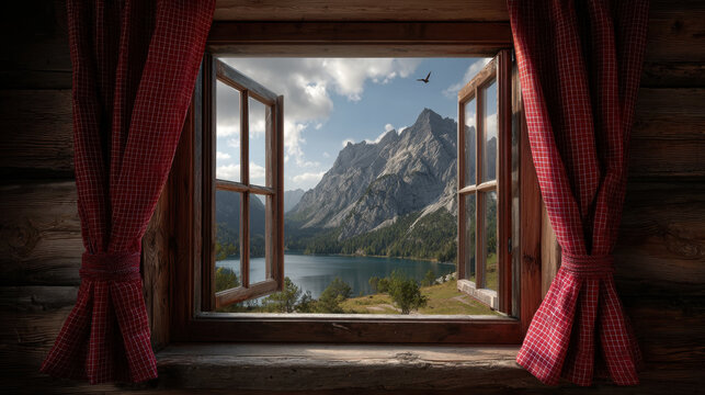 Open wooden window with red curtains overlooking mountain lake landscape with peak, forest, clouds and bird, cozy rustic cabin view evoking peaceful calm and nature