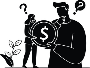 Two people contemplating a large dollar coin, symbolizing financial decisions and economic uncertainty