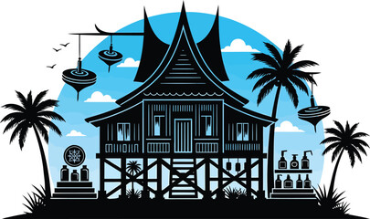 Traditional minangkabau house with palm trees and blue sky, representing indonesian culture and architecture