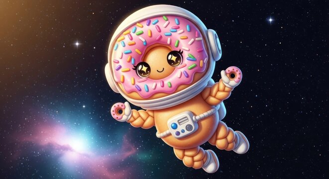 Adorable donut astronaut floating happily in outer space with playful cosmic backdrop