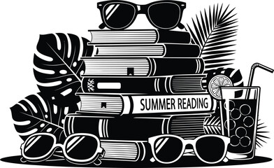 Stack of books with sunglasses and tropical leaves, representing summer reading