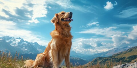 Happy portrait of a dog sitting, with mountains and a blue sky in the background. The image conveys a sense of companionship, fitness, and outdoor adventures, perfect for pet care, Generative AI