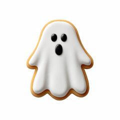 cute ghost-shaped Halloween cookie with white icing isolated on transparent background.
