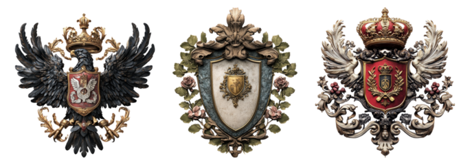 Vintage Heraldic Crests with Intricate Details and Rich Textures, Isolated on Transparent Background