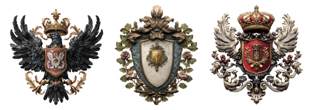 Vintage Heraldic Crests with Intricate Details and Rich Textures, Isolated on Transparent Background
