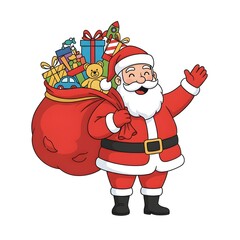Santa Claus Waving with a Large Sack Full of Toys and Gifts