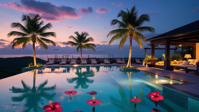 Twilight at a Luxury Resort: Elegant Rooftop Infinity Pool with Hibiscus Reflections and Tropical Getaway Vibes