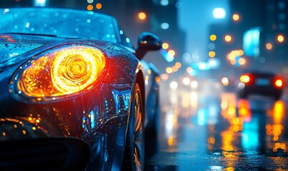 Headlights of a modern car on city streets at night, capturing the sleek design and vibrant bokeh effects. The image emphasizes automotive sales, competition, and mechanics, ideal, Generative AI