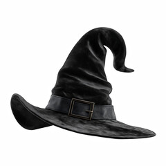 realistic black velvet witch hat with curled tip isolated on transparent background.