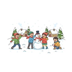 Happy Children Playing in Snow and Building a Snowman in a Winter Village