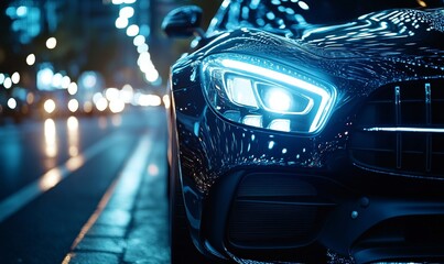 Headlights of a modern car on city streets at night, capturing the sleek design and vibrant bokeh effects. The image emphasizes automotive sales, competition, and mechanics, ideal, Generative AI