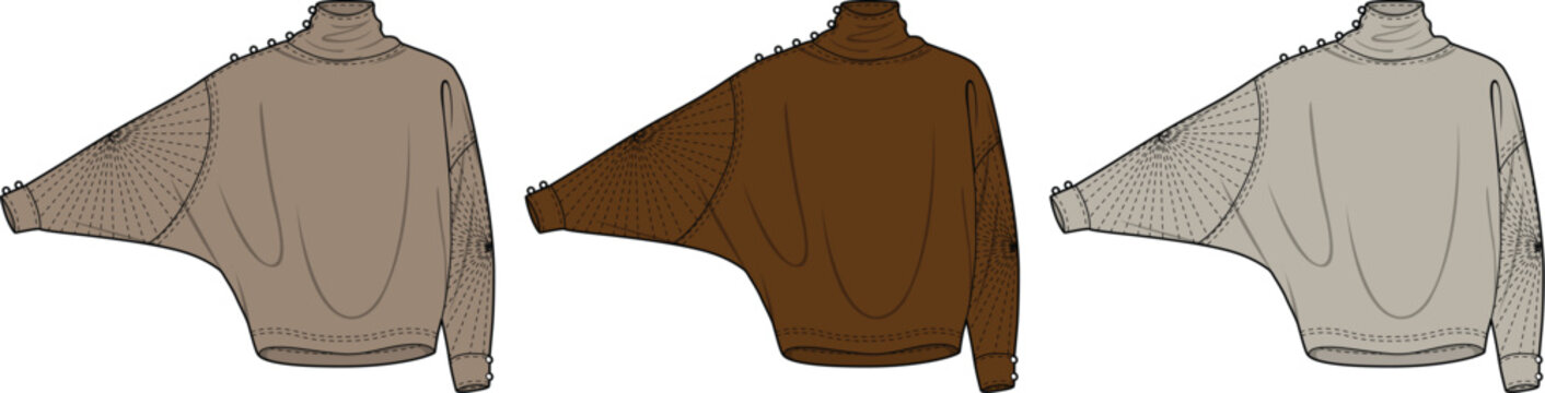 Loose-fitting turtle neck sweater technical fashion sketch in three earthy tones, showcasing an oversized batwing sleeve design for contemporary apparel collections