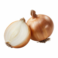 realistic brown onions whole and halved showing white layers isolated on transparent background.