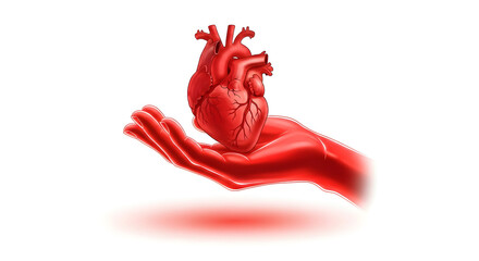 A realistic human heart held gently in a red glowing hand against a white background symbolizing care and health