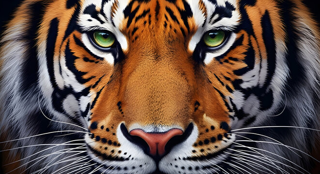 Intense close up portrait of a majestic bengal tiger with piercing green eyes and striking orange and black fur - Powered by Adobe