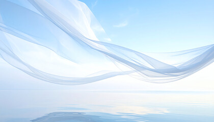 柔らかな朝の光と青いベールが揺れる透明感のある風景｜Soft Morning Light with Flowing Blue Veil