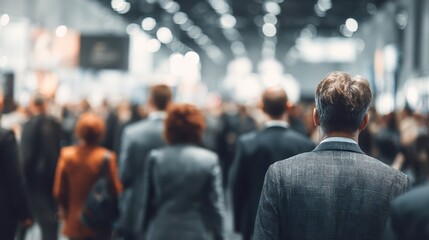 Business professionals networking at a conference in a bustling exhibition hall