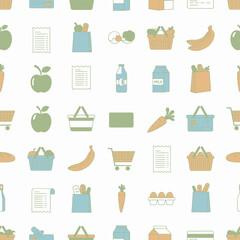 Grocery shopping pattern with various food items and shopping baskets.