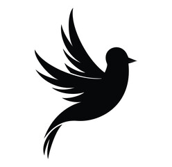 Silhouette of a bird in flight with stylized wings and tail feathers against a white background 