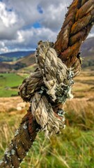 Close-up of a weathered rope with a knot in nature.