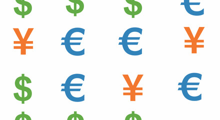 Seamless pattern of international currency symbols including dollar euro yen.