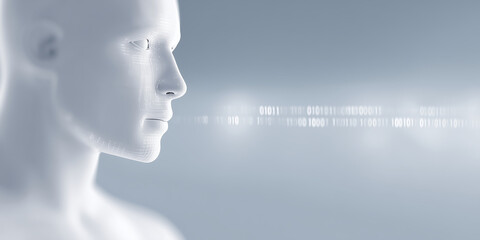 Futuristic humanoid figure in profile, with a smooth, featureless surface, surrounded by binary code, representing the intersection of technology and human-like intelligence in a digital landscape