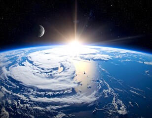 A vibrant view of Earth from space, the sun rising, moon visible. Clouds, oceans, stars