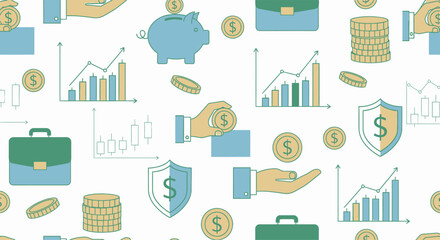 Seamless Pattern of Financial Icons and Symbols Representing Growth and Investment.