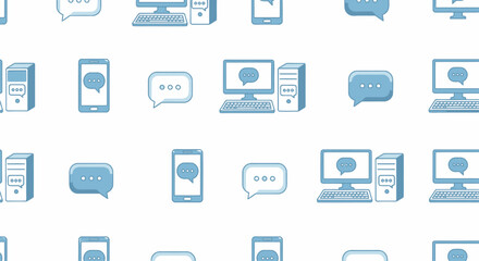Repeating pattern of computers, smartphones, and speech bubbles, communication concept.