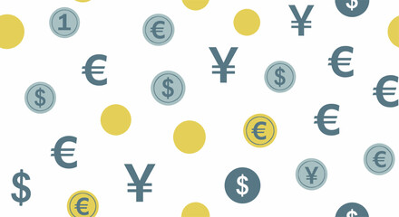 Currency Symbols - Euro, Dollar, Yen, and Coins Pattern.