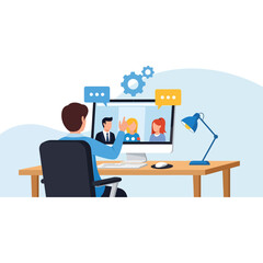 Remote work concept, a person actively participating in a virtual business meeting via computer