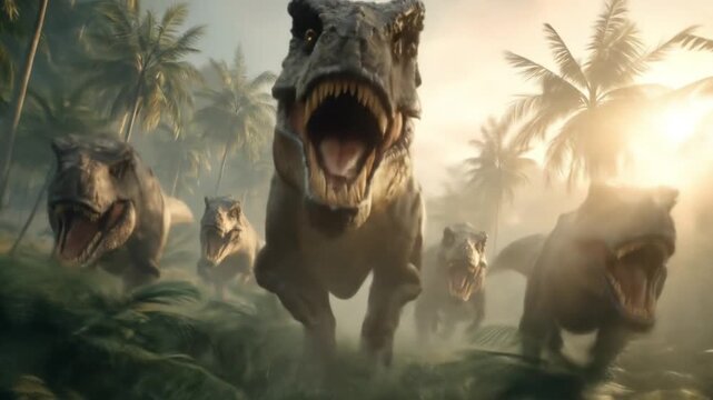 Feared dinosaurs surge through misty jungle, jaws open, sunlit palms framing a chase. amid dawn glow
