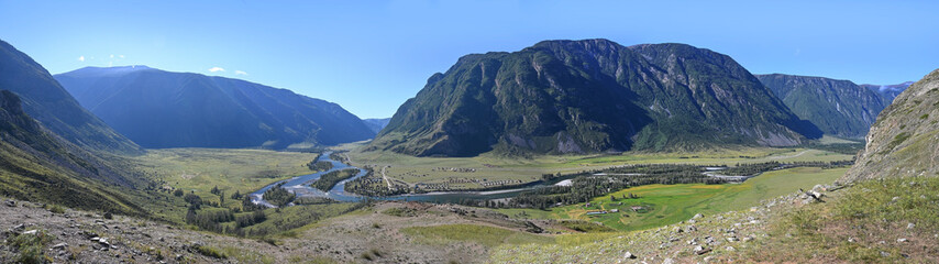 Panoramic view of the Karasu Gorge with the Chulyshman River flowing through it. Altai, Russia