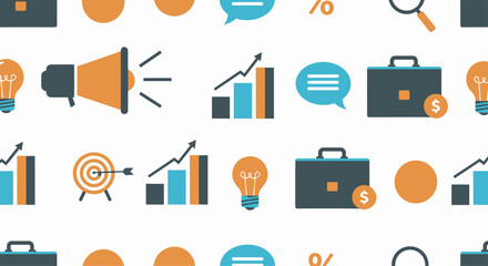 Seamless pattern background with flat business and marketing icons.